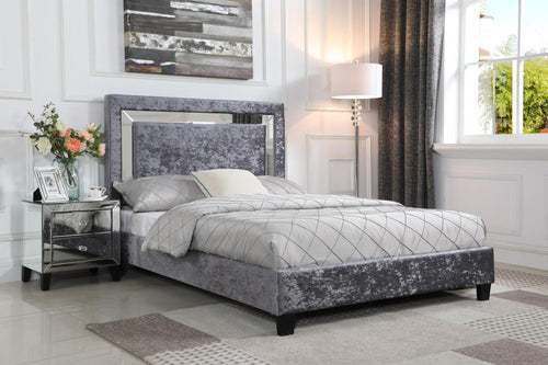 Augustina Crushed Velvet King Size Bed Silver with Mirror