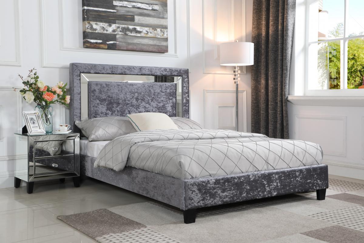 Augustina Crushed Velvet Double Bed Silver with Mirror