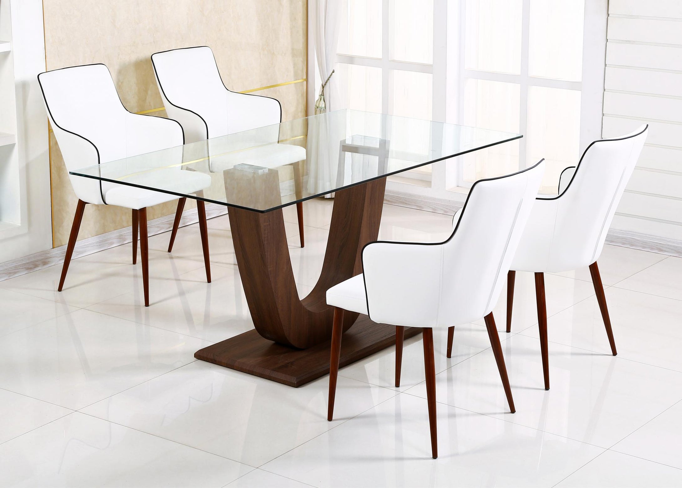 Capri Dining Table Clear Glass Walnut with 6 Chairs