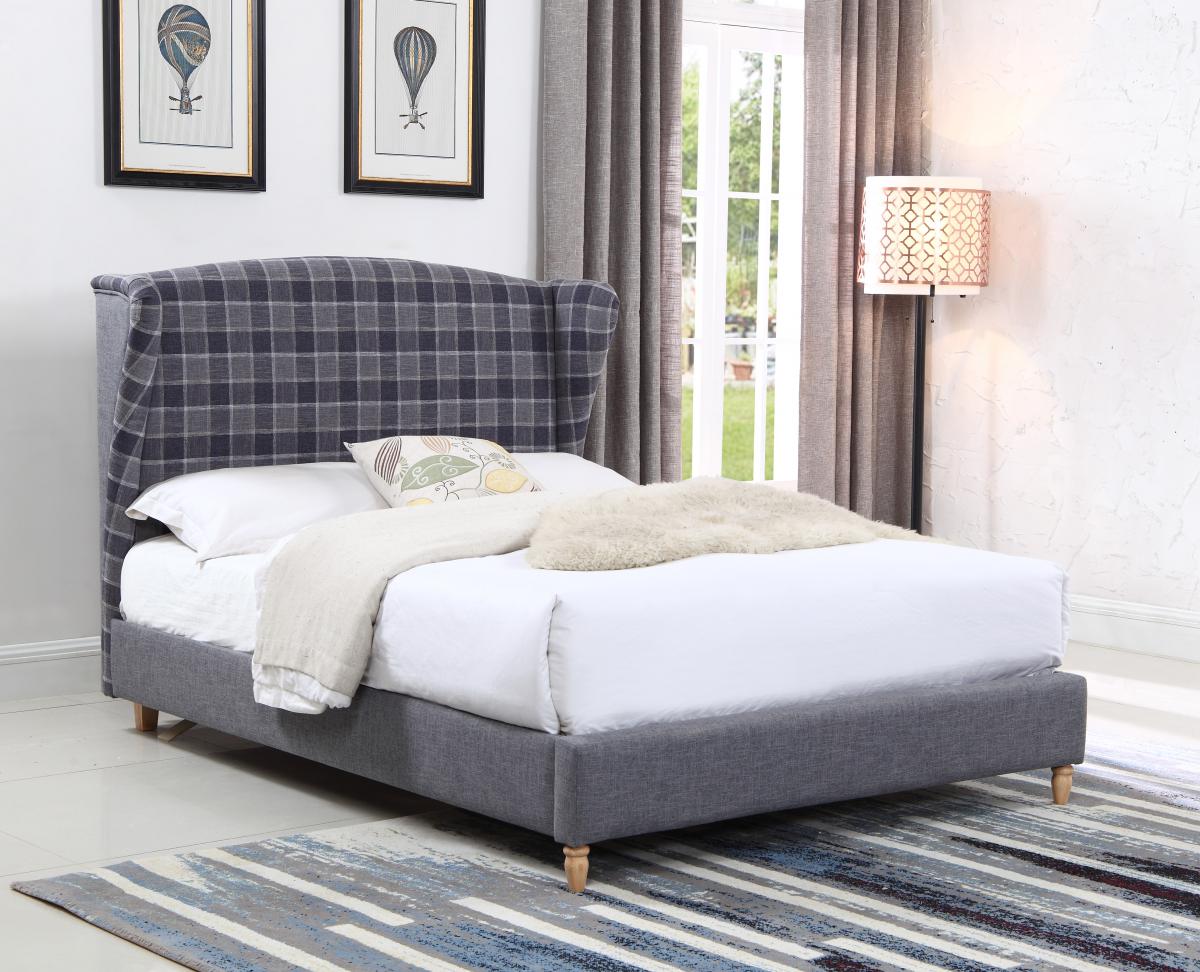 Nepal Fabric King Size Bed Grey Chequer