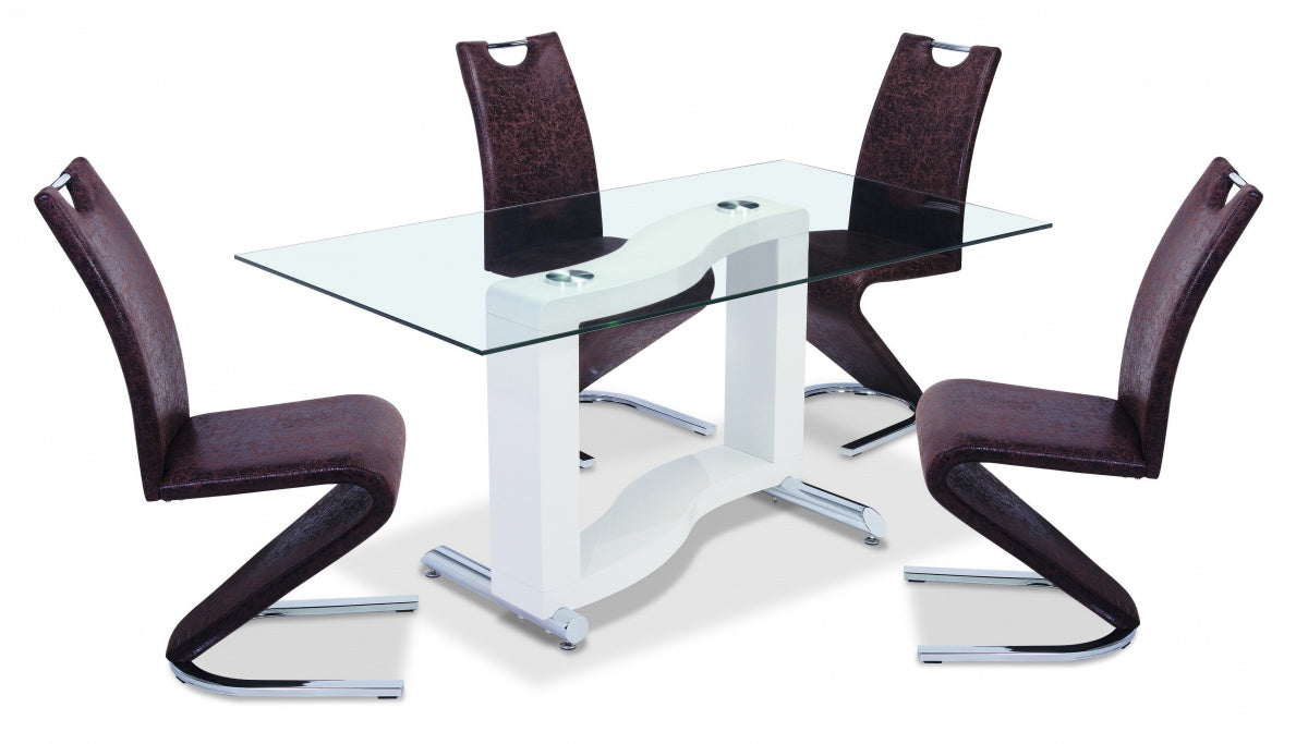 Kingsway High Gloss Dining Table White with Clear Glass Top with 4 Chairs