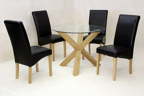 Saturn Small Solid Oak Dining Table Glass 950mm Round with 4 Chairs